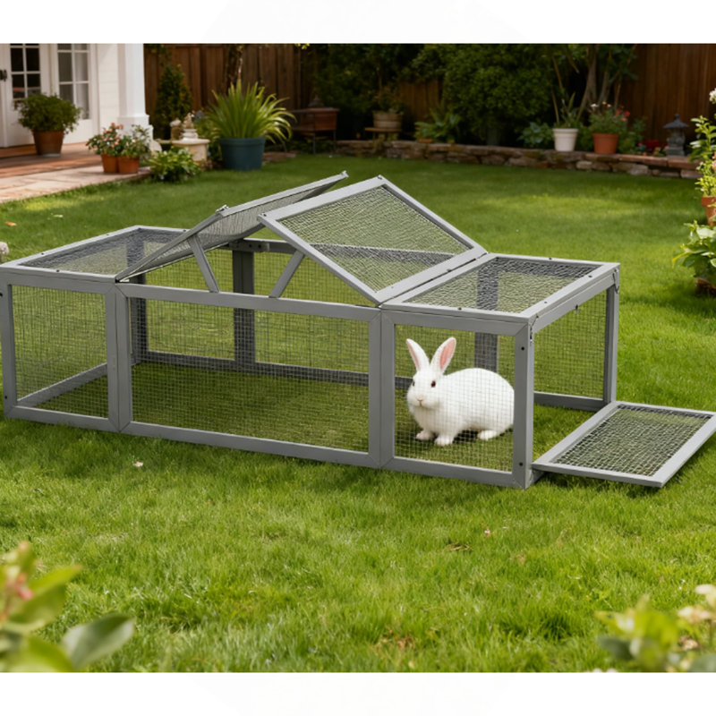 Grand enclos extérieur en bois pour lapin et portes verrouillables, gris, H 19 po x l 70,8 po x P 35,5 po, Gris