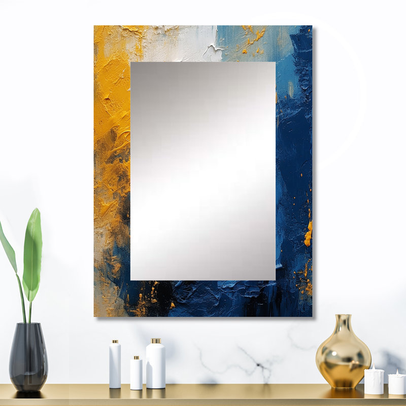 Blue and Yellow Intuitive Expressions I - Abstract Large Mirror, Blue Decorative Wall Mirror, Printed Metal Art, 32" x 24"