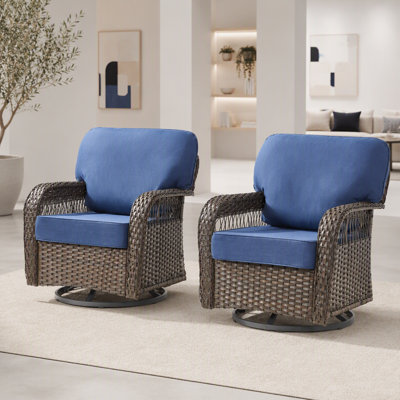 Outdoor Glider Chairs Set of 2, Brown Wicker Patio Furniture Swivel Rockers with T Shape-Back Cushions and 5" Thick Foam, Ideal for Porch and Yard, Blue