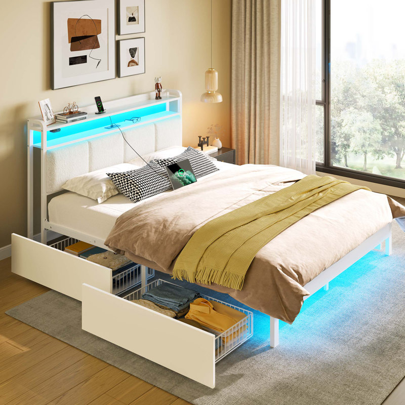 Structure de lit avec tête de lit, lit plateforme tapissier avec 4 tiroirs, station de charge et lumières DEL, Double