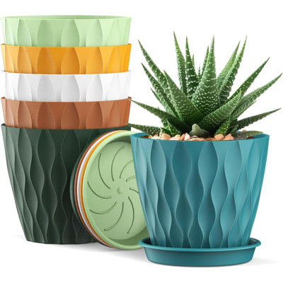 Paquet de 6 petits pots à plantes en plastique à texture gaufrée avec trous de drainage et soucoupes, pots à fleurs colorés pour plantes grasses, herbes, fleurs et semis, utilisation intérieure / extérieure