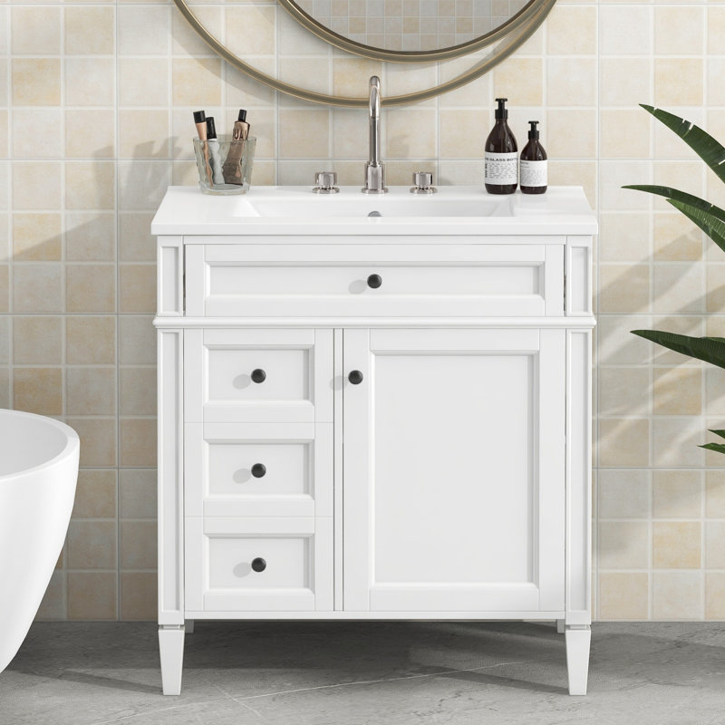 Bathroom Vanity With Top Sink, Bathroom Storage Cabinet With 2 Drawers And One Tip-Out Drawer, White