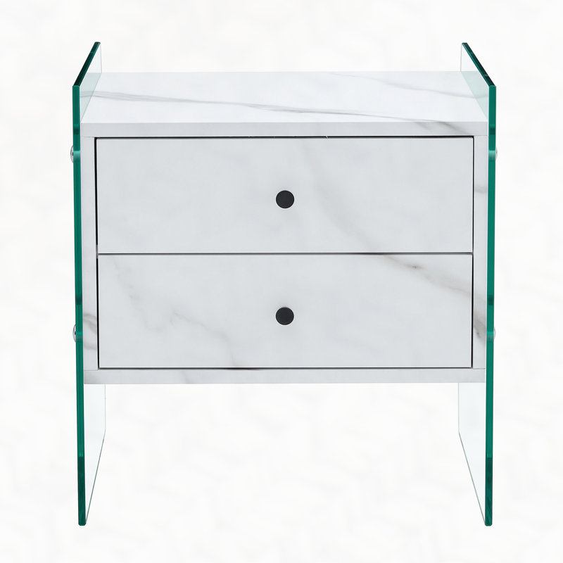 Double-drawer bedside table. The board surface is MDF with grain sticker, and both sides are transparent tempered glass. The design is simple and elegant, with excellent storage functions