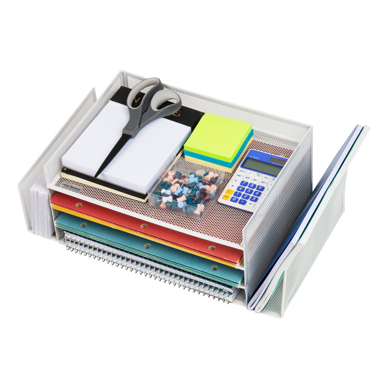 Mind Reader Desktop Organizer, File Storage, Paper Tray, Workspace, Office, Metal Mesh, 16.75"L x 9.15"W x 6"H, White
