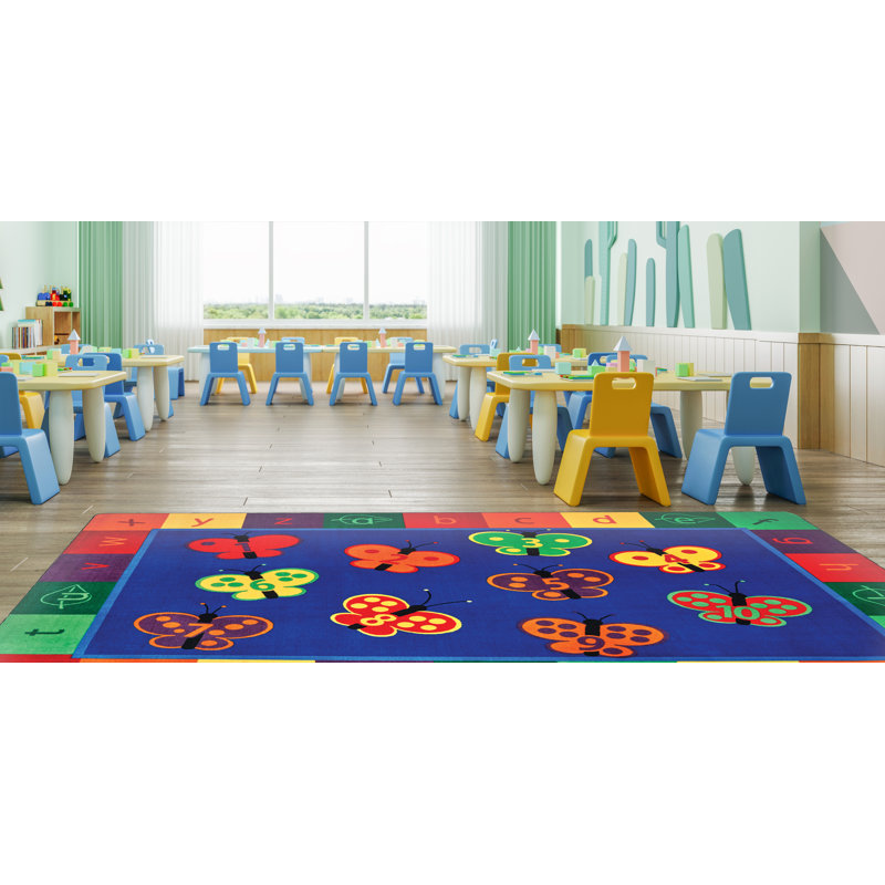 ABC 123 Butterflies Counting Literacy Tufted Blue/Red/Orange Classroom Area Rug, Rectangle 6' x 9'