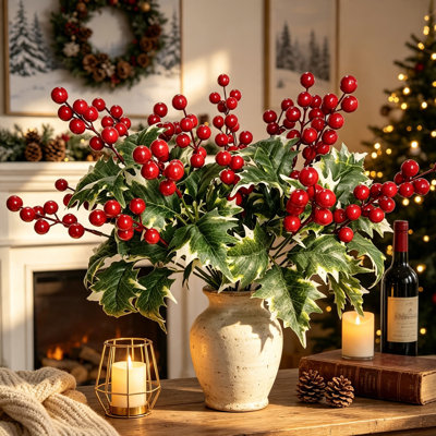 Paquet de 4 tiges de baies rouges artificielles, bouquets de baies de houx de Noël avec des feuilles de soie de houx panachées, fausse cueillette de baies rouges pour les remplisseurs de vase, décoration de Noël pour le manteau de table Farmhouse