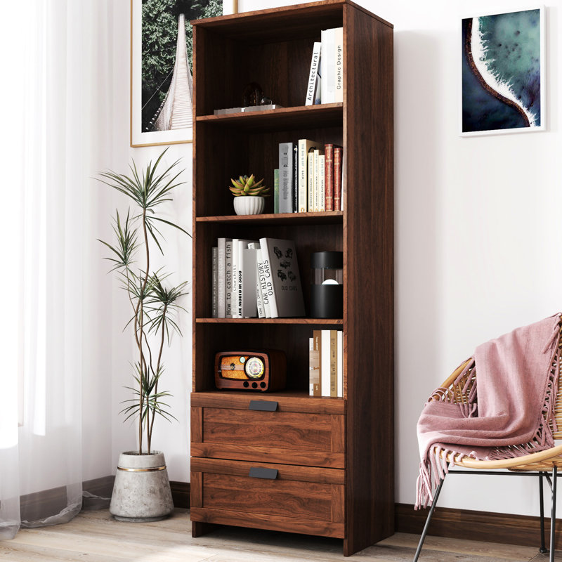 Bibliothèque à 4 tablettes avec tiroirs, 72,32 po de hauteur, rangement élégant pour bibliothèque