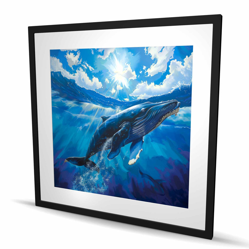 Swimming Whale - Blue Framed Matted Print for Home Decor