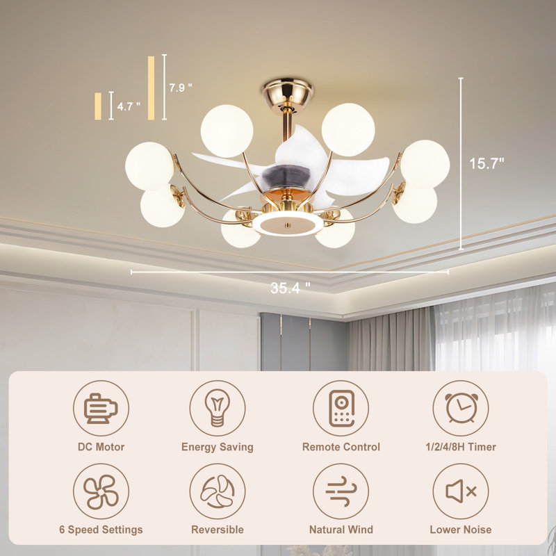 Ventilateur de plafond 35,4 po avec 8 lumières Kanov, Or