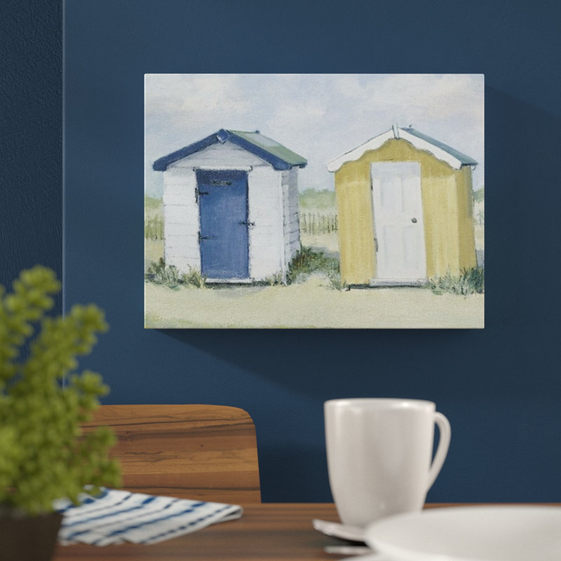 Two Beach Huts by Jane Hewlett - No Frame Rectangle Print on MDF, Yellow, Black Frame, 30cm H x 40cm W