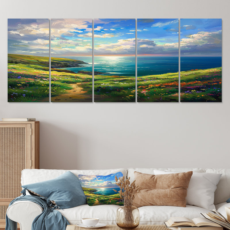 «Flowerful Mountain Path To Blue Ocean White Sky - River Mountain», ensemble d'art mural 5 pièces, H 28 po x l 60 po