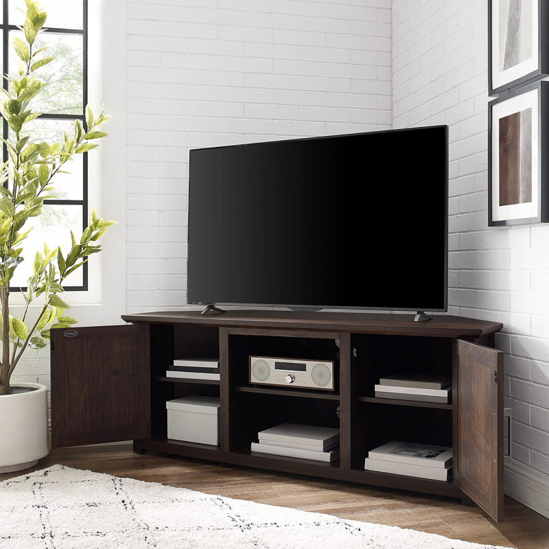 Camden Corner TV Stand For Large Tvs, Entertainment Centre With Adjustable Shelves And Cable Management, Rustic Dark Walnut Design