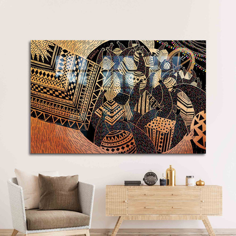 Artistic Geometric Pattern Glass Wall Decor Featuring An African Inspired Graffiti Art Design For An Exquisite Living Space Accent Piece