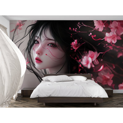 Papier peint Cherry Blossom Girl - Enchanteur Portrait de style animé avec de délicates fleurs roses, superbe murale pour la chambre à coucher, le salon ou les murs de bureau