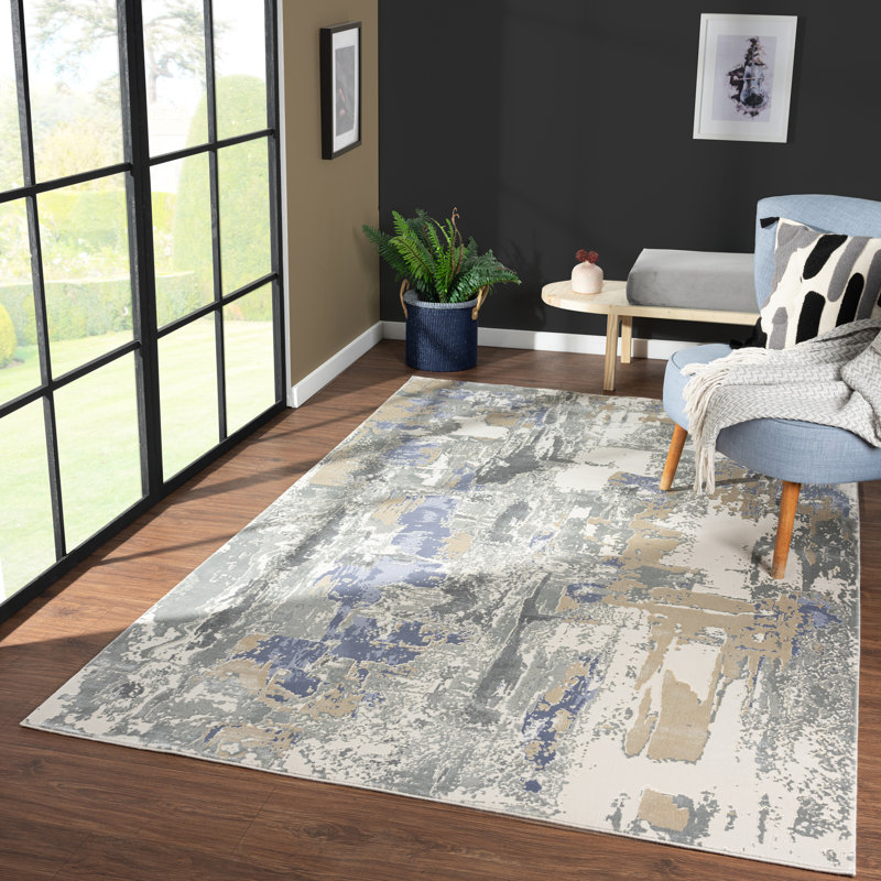 Tapis beige / gris / bleu marine Quinlan Lux, Rectangle 9 pi 11 po x 14 pi 1 po