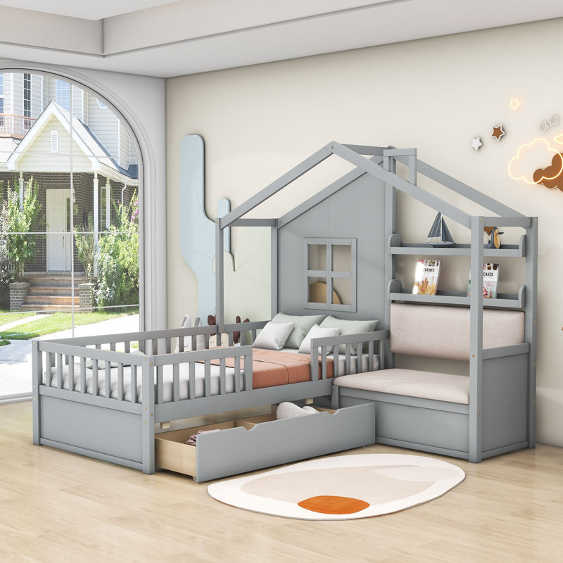Lit simple Abriana avec deux tiroirs et tablette de rangement, gris
