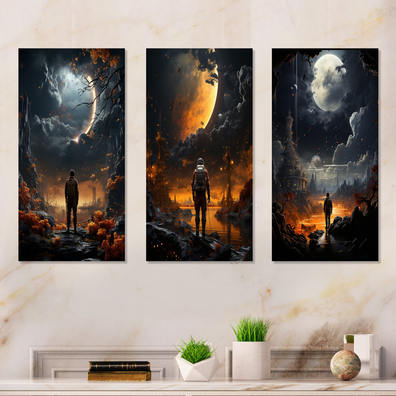 «Black Planets Man Lost Odyssey I», ensemble de 3 reproductions en métal de science-fiction, H 32 po x l 48 po