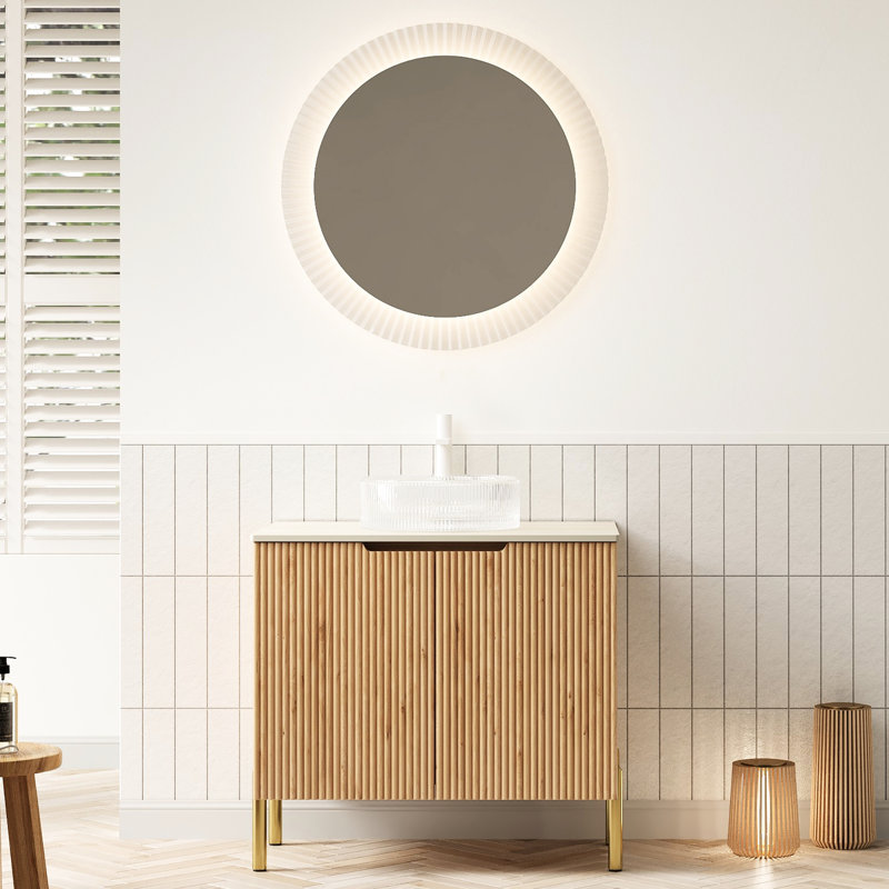 Meuble-lavabo de salle de bain 30 po avec lavabo rond en verre transparent, comptoir en pierre frittée, système de fermeture en contreplaqué avec armoire en contreplaqué, meuble-lavabo d'apparence, comptoir, portes, couleur