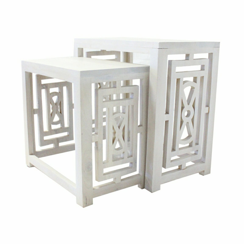 Ensemble de tabourets gigognes 2 pièces Sumo, plateau rectangulaire, côtés découpés en treillis, blanc