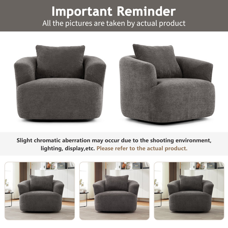 Modern 360° Swivel Boucle Accent Chair with Pillow, Gray