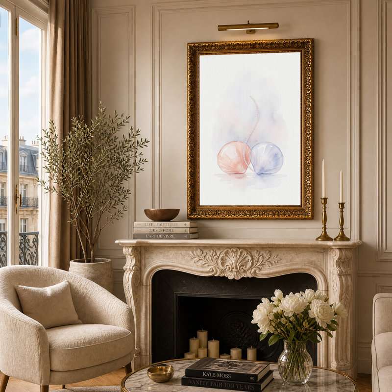 Aquarelle sur toile, coquillages roses et bleus, H 24 po x l 16 po