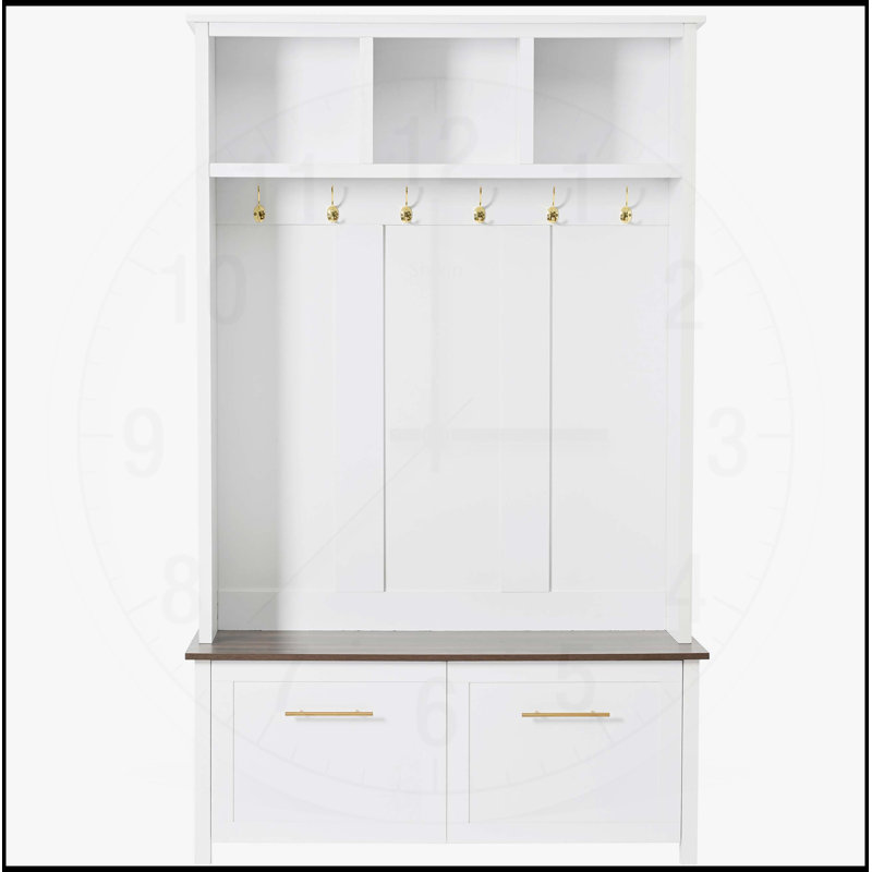 Arbre d'entrée polyvalent 4 en 1 avec 6 crochets, banc en grain de bois et plusieurs options de rangement pour l'organisation du vestibule, blanc, H 76,6 po