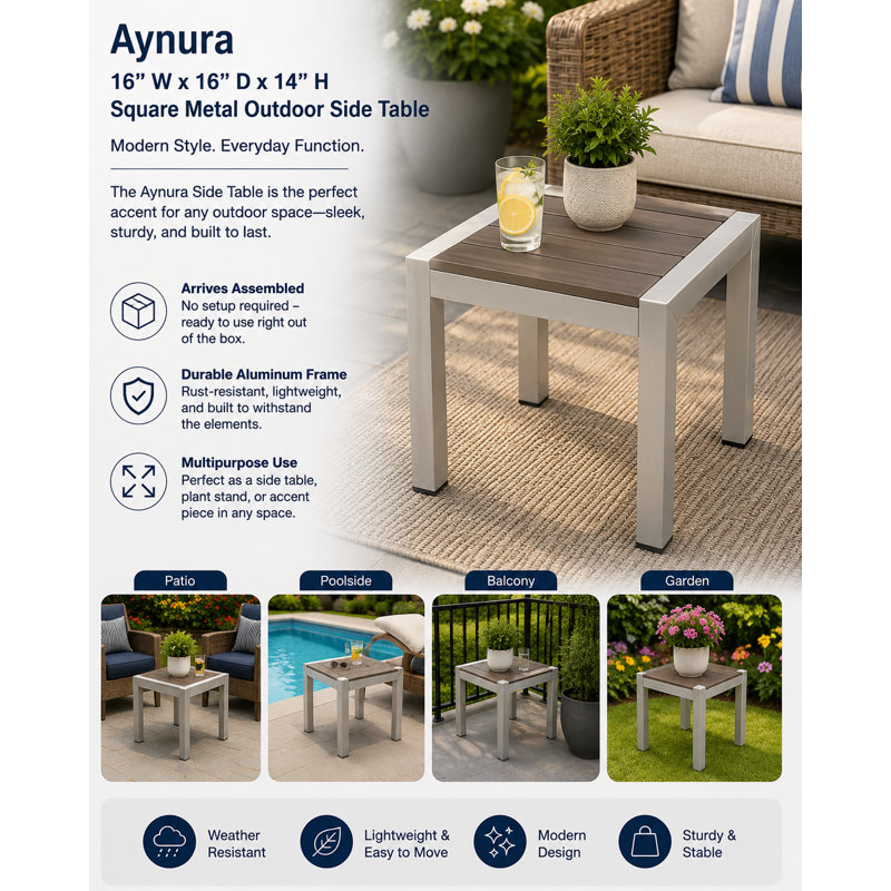 Table d'appoint extérieure carrée en métal l 16 po x P 16 po Aynura, Gris