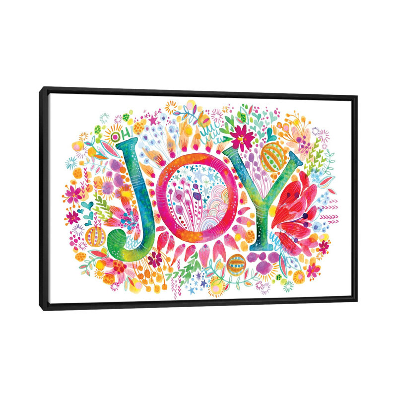 « oh joy », impression sur toile tendue, H 18 po x l 26 po x P 1,5 po, Toile avec cadre flottant noir, Pas de tapis