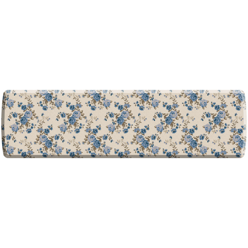Tapis de cuisine anti-fatigue, motif de roses de jardin anglais en bleu, Tapis de couloir 2 pi 6 po x 9 pi, Bleu