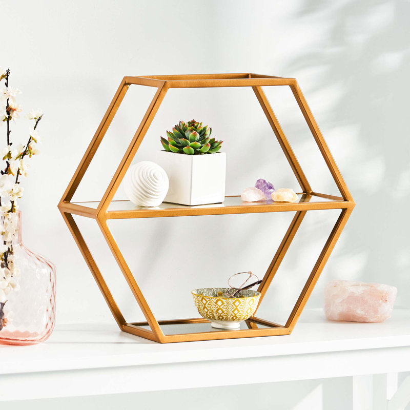 Bibliothèque hexagonale en métal avec tablettes en verre