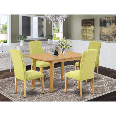3 Piece Dining Set Contains a Rectangle Dining Room Table with Butterfly Leaf and 2 Limelight Linen Fabric Upholstered Chairs, Oak