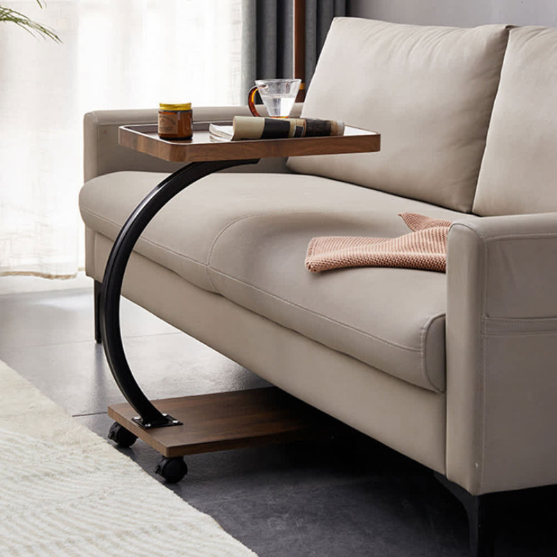 Ensemble de 1 table d'appoint pivotante à 360 degrés en bois de noyer avec plateau pivotant et roulettes pour table basse en C pour le salon et la chambre à coucher