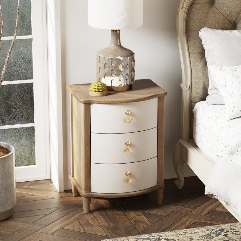 Elegant 3-Drawer Nightstand With Gold Leaf Handles, White/Brown