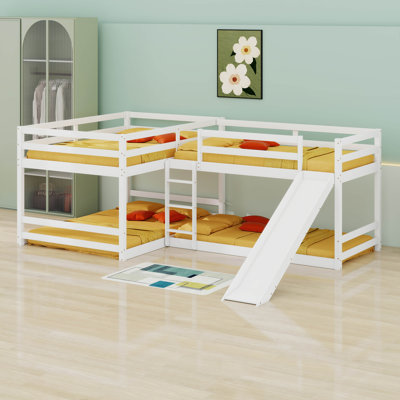 Full And Twin Size L-Shaped Bunk Bed With Slide And Short Ladder,
