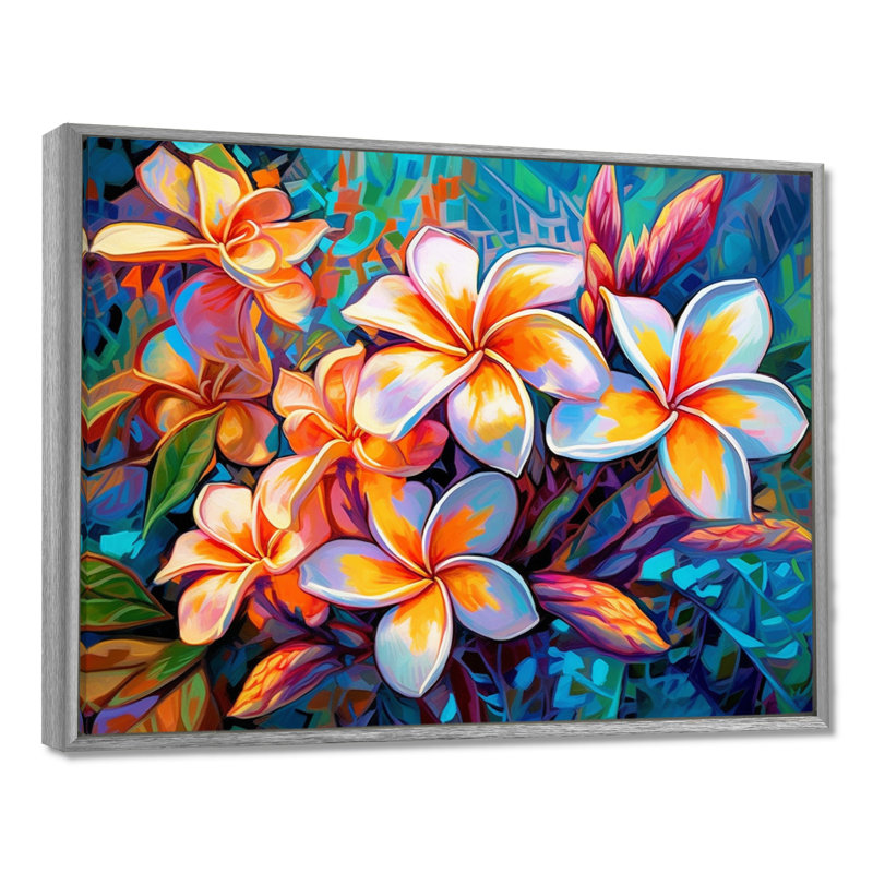 Art tropical sur toile, plumeria tropical, H 16 po x l 32 po x P 1 po, Encadrement argenté