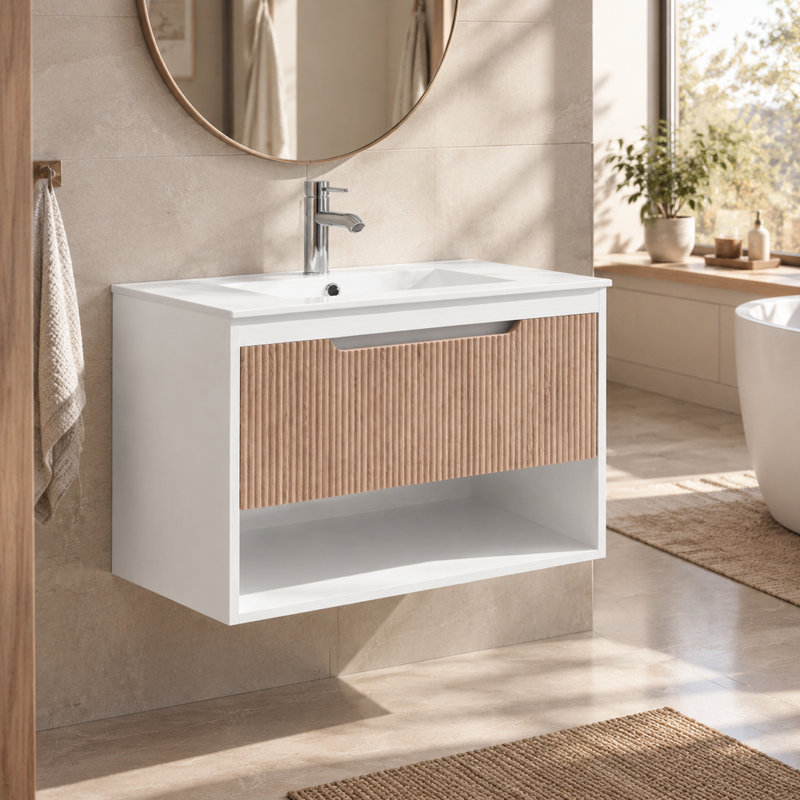 Base de meuble-lavabo flottant 30 po seulement, armoire murale moderne en MDF avec tiroir cannelé et tablette ouverte, blanc / chêne