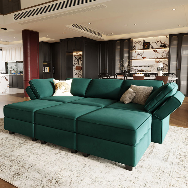 Canapé-lit modulaire en velours Teangela, Velours vert