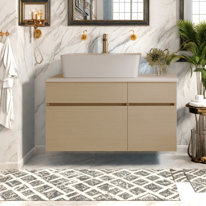 Meuble-lavabo flottant en bois avec lavabo en céramique, petite salle de bain moderne