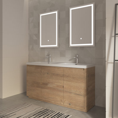 60" Double Natural Oak Bathroom Vanity Free Standing Vanities with Gloss White Resin Stone Top,2 Drawers 2 Doors Modern