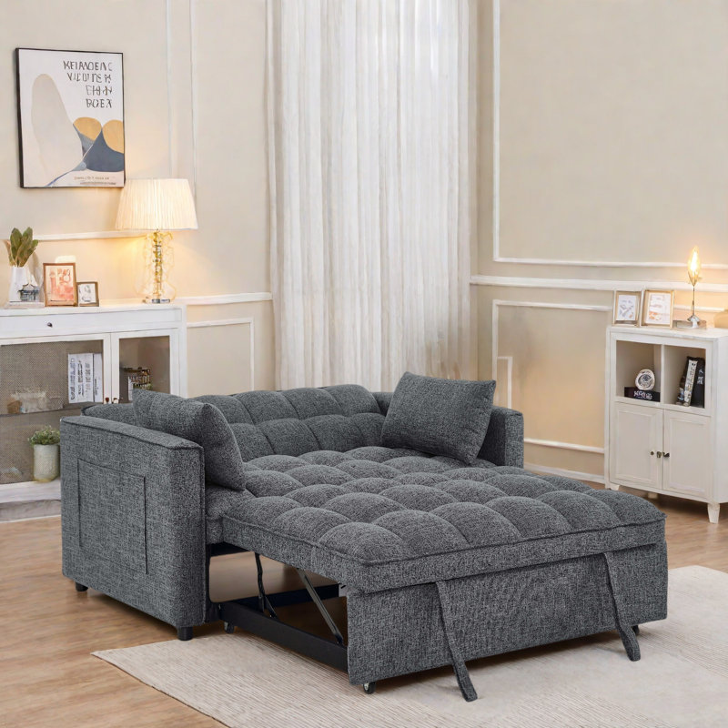 Tufted Convertible Sleeper Sofa With Chaise With Foldable Seat Back And Pull-out Chaise Lounge Extension