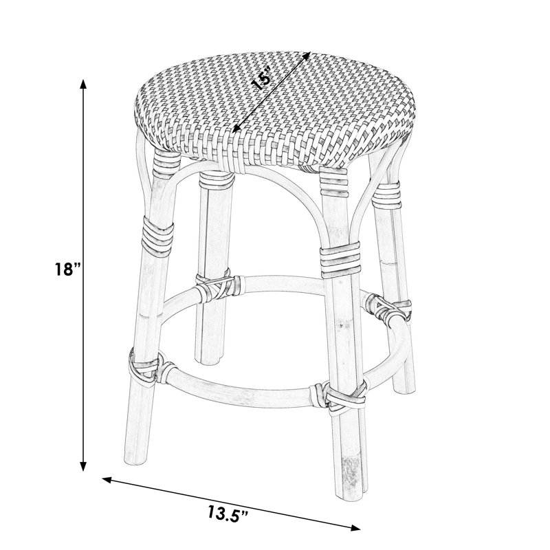 Tobias Rattan Dining Short Stool, White/Tan Dot/Natural Rattan Frame