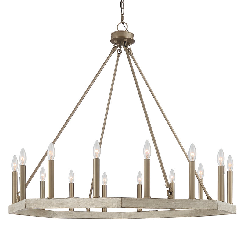 Vredenburgh 16-Light Wagon Wheel Candle Style Chandelier, Driftwood/Brass Dust