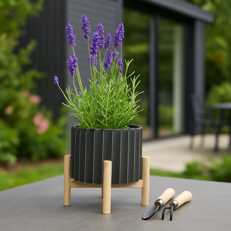 Modern Ribbed Ceramic Outdoor Planter on Stand for Home Decor - Modern Indoor Flower Pot with Natural Wood Stand for Living Room or Patio Styling