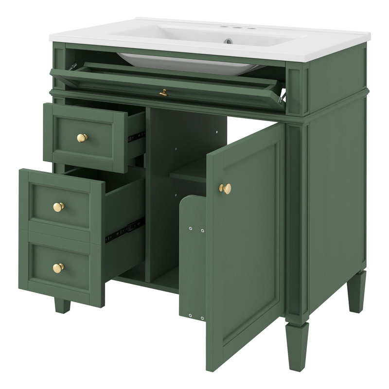Meuble-lavabo simple 30 po avec lavabo supérieur, Vert, Doré