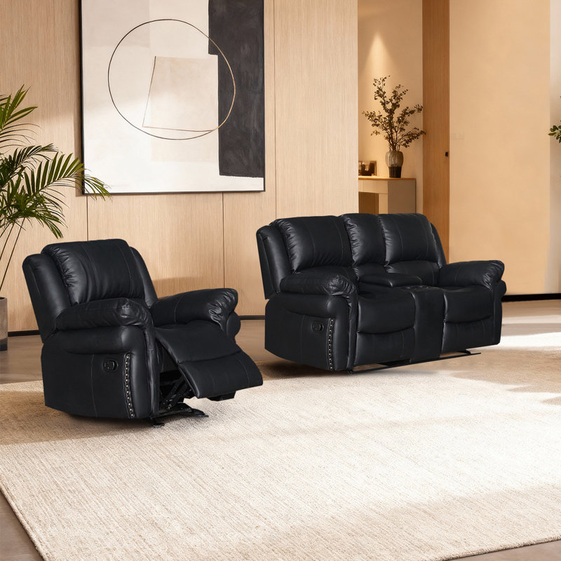 Ensemble de canapé inclinable manuel avec console de rangement double et porte-gobelets, ensemble de canapé en similicuir inclinable 2 places et simple, noir
