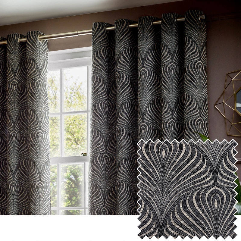 Gatsby Geometric Jacquard Eyelet Curtians, 117 W x 183 D cm, Black