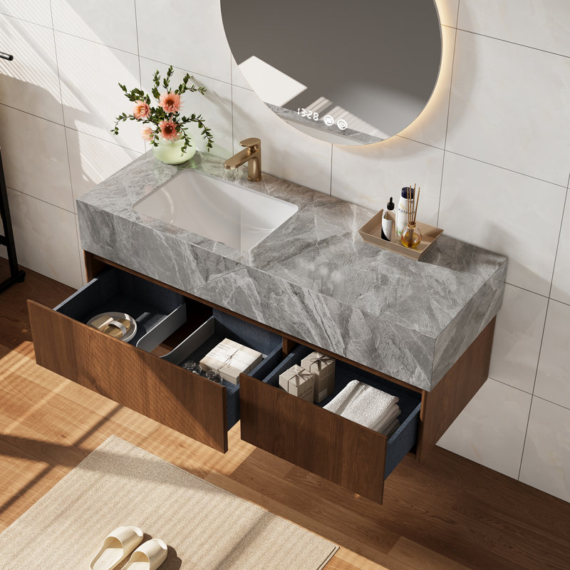 Armoire de salle de bain de luxe moderne 48 po avec plateau en pierre frittée grise, meuble-lavabo flottant brun avec tiroir en U
