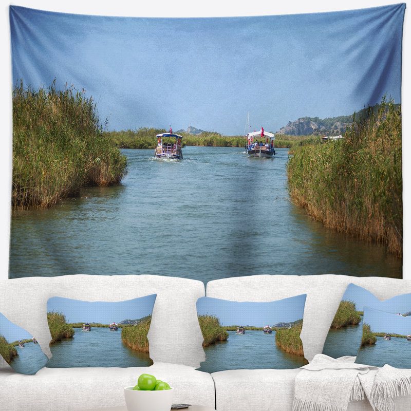 Tapisserie de bateaux de rivière touristique, H 32 po x l 39 po