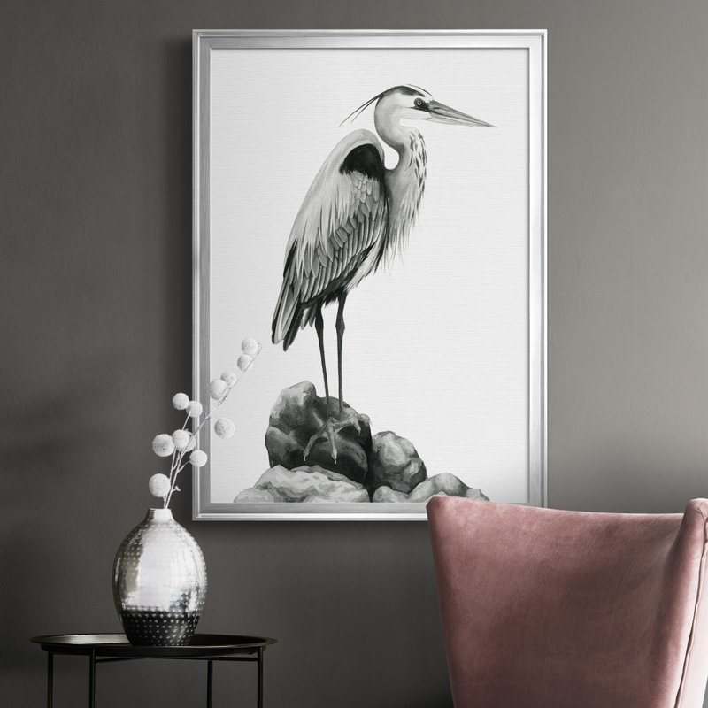 Shoreline Heron en toile de qualité supérieure - Prêt à accrocher, H 36,5 po x l 26,5 po x P 1 po, Cadre argenté