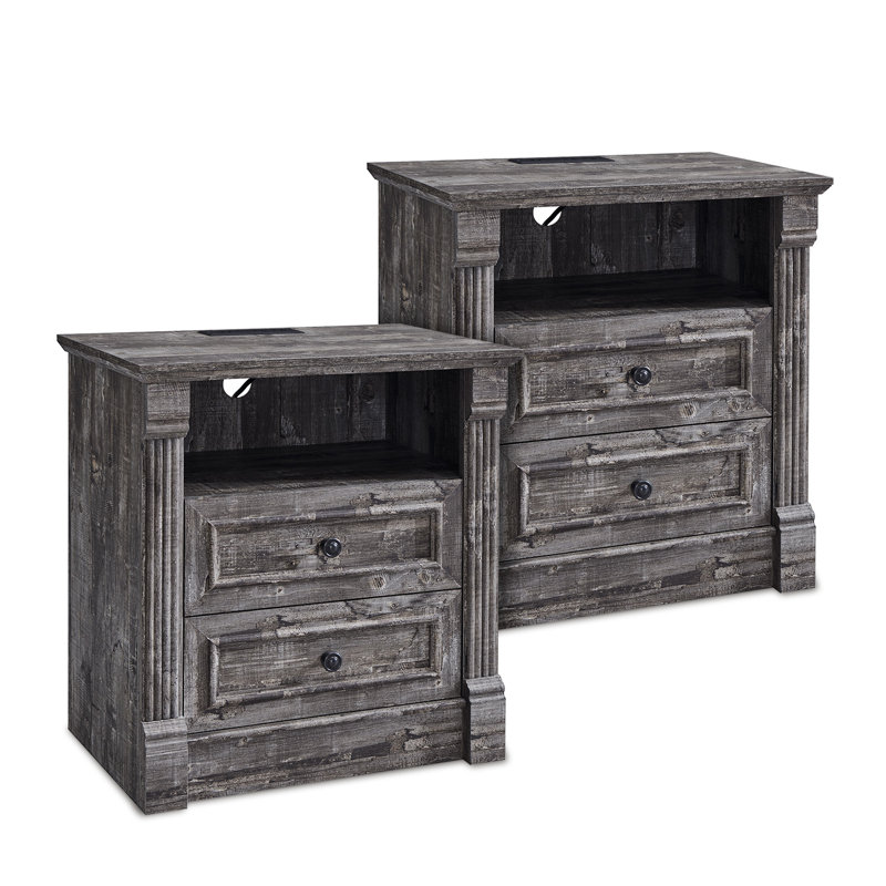 Ensemble de deux tables de bout en bois de style campagnard de 26 po de hauteur, buffet avec 2 tiroirs et station de charge, tablettes ouvertes